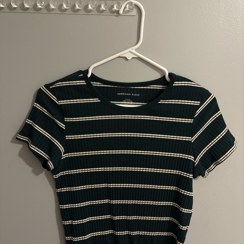 American Eagle Outfitters Dark Green and Cream Striped Tee